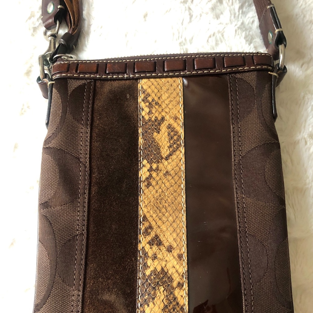 Coach Brown Leather/Fabric Crossbody Bag with Snakeskin Detail